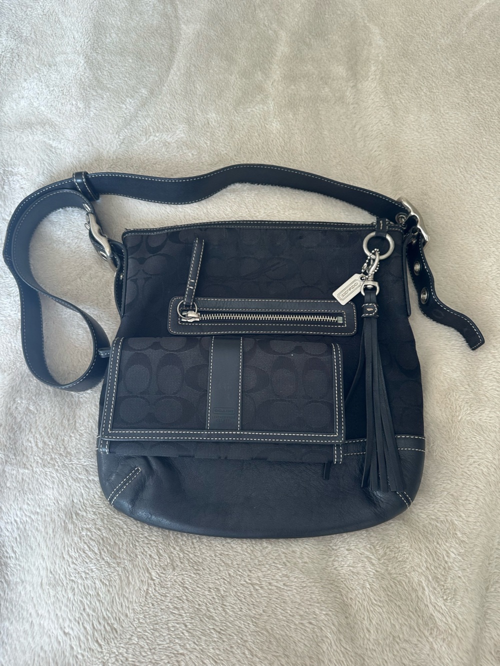 Coach Black Signature Canvas Messenger Bag and Wallet with Leather Trim